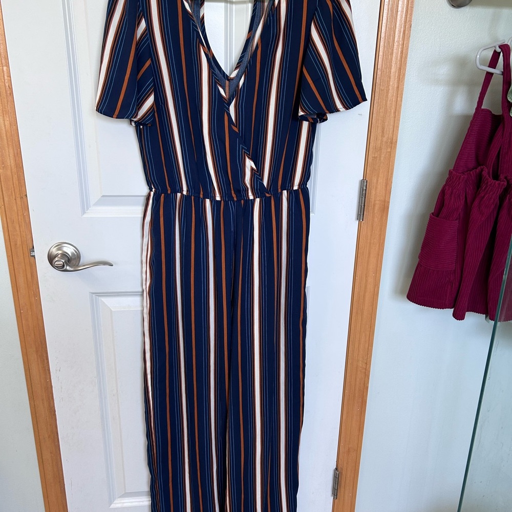 Xhilaration Striped Jumpsuit Blue, White, and Orange